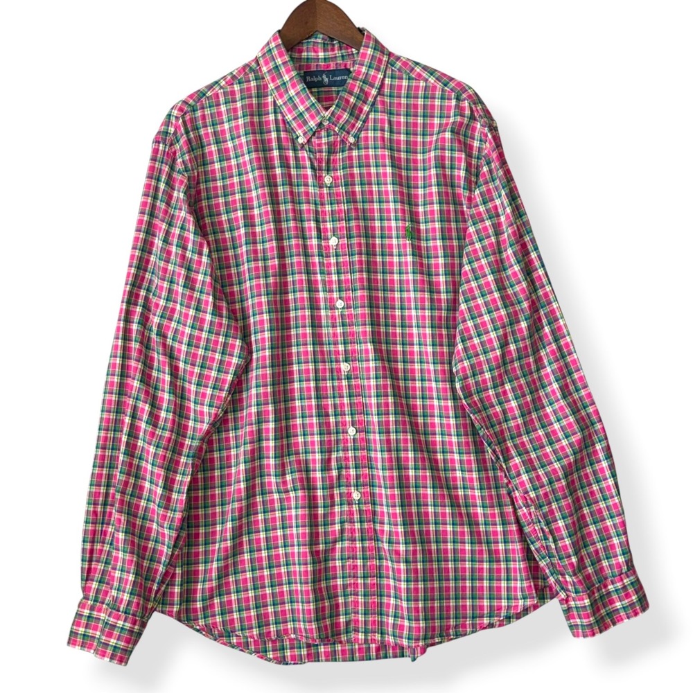 Ralph Lauren Button Down Men XXL Pink Green Plaid Long Sleeve Cotton‎ Shirt Prep